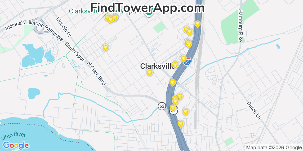 Map showing the 20 primary cell tower locations detected in Clarksville, Indiana from AT&T, Verizon, and T-Mobile networks