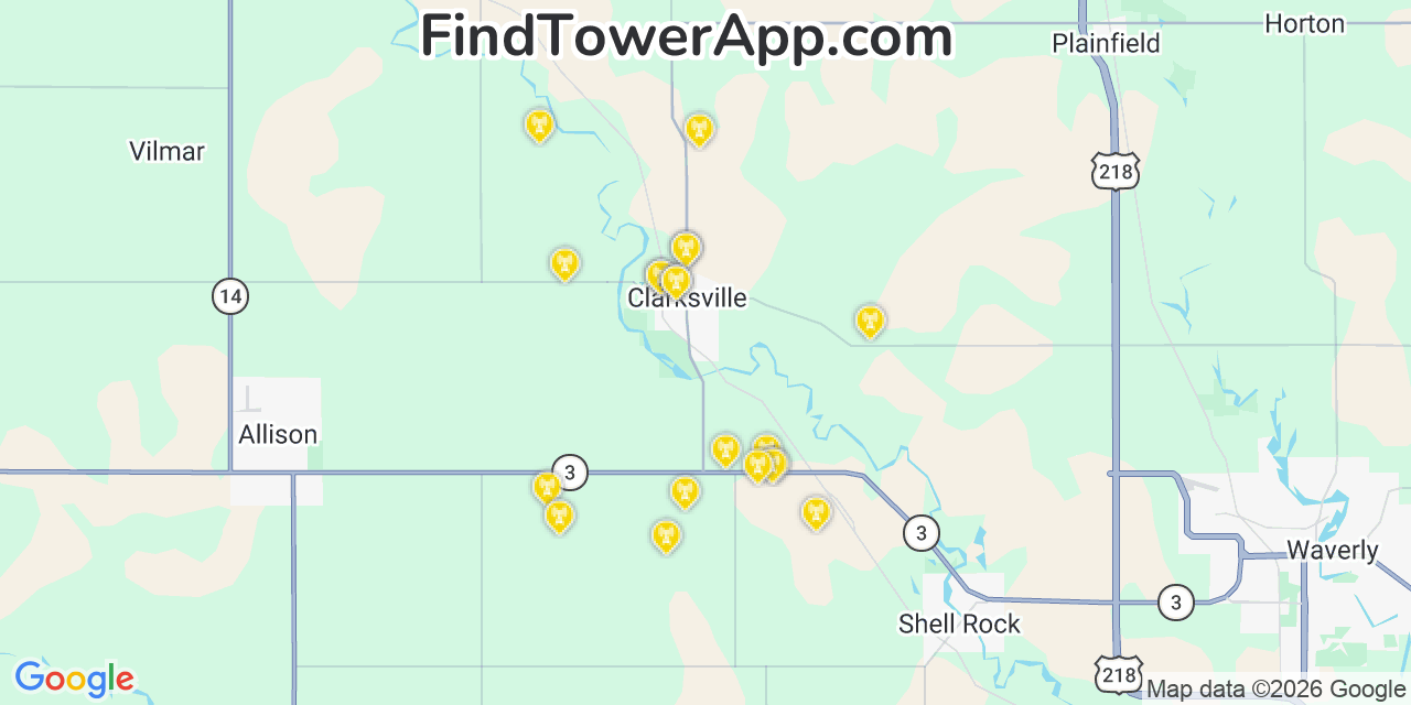 Map showing the 20 primary cell tower locations detected in Clarksville, Iowa from AT&T, Verizon, and T-Mobile networks