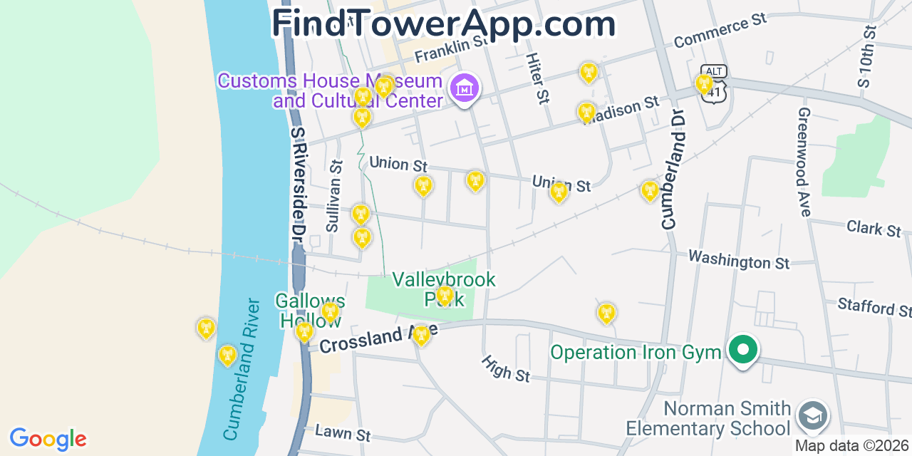 Map showing the 20 primary cell tower locations detected in Clarksville, Tennessee from AT&T, Verizon, and T-Mobile networks