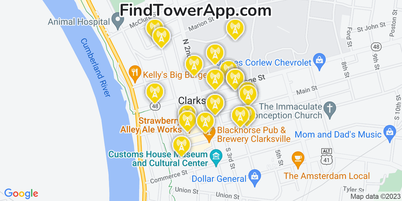 Verizon 4G/5G cell tower coverage map Clarksville, Tennessee