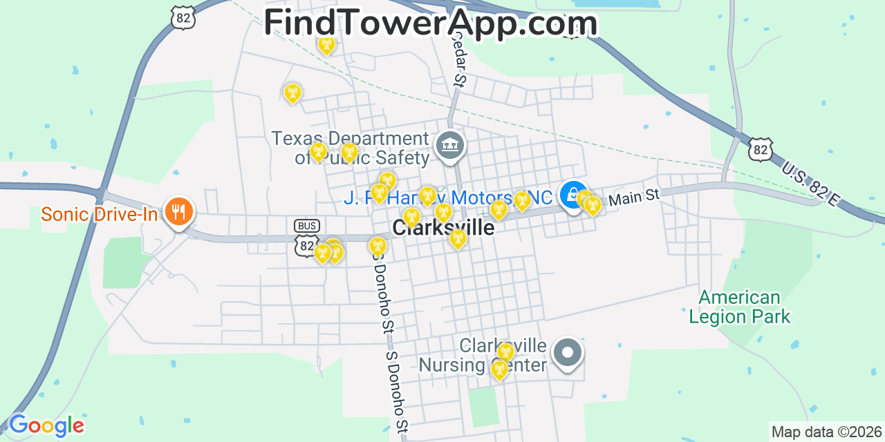 Map showing the 20 primary cell tower locations detected in Clarksville, Texas from AT&T, Verizon, and T-Mobile networks