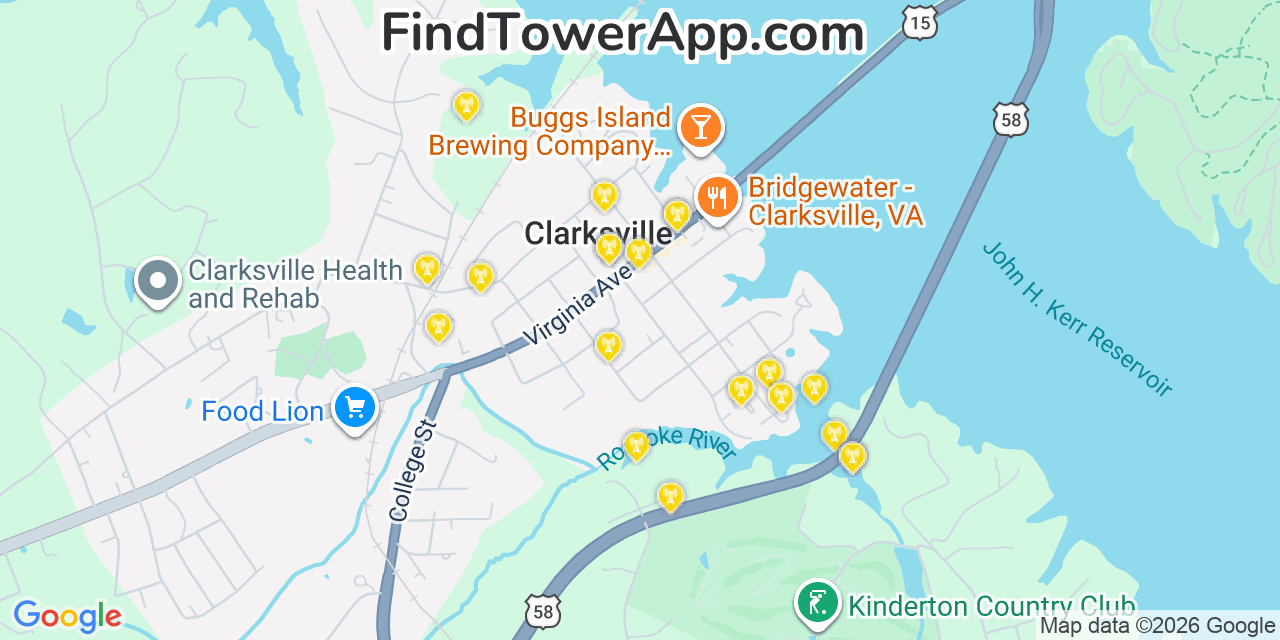 Map showing the 20 primary cell tower locations detected in Clarksville, Virginia from AT&T, Verizon, and T-Mobile networks