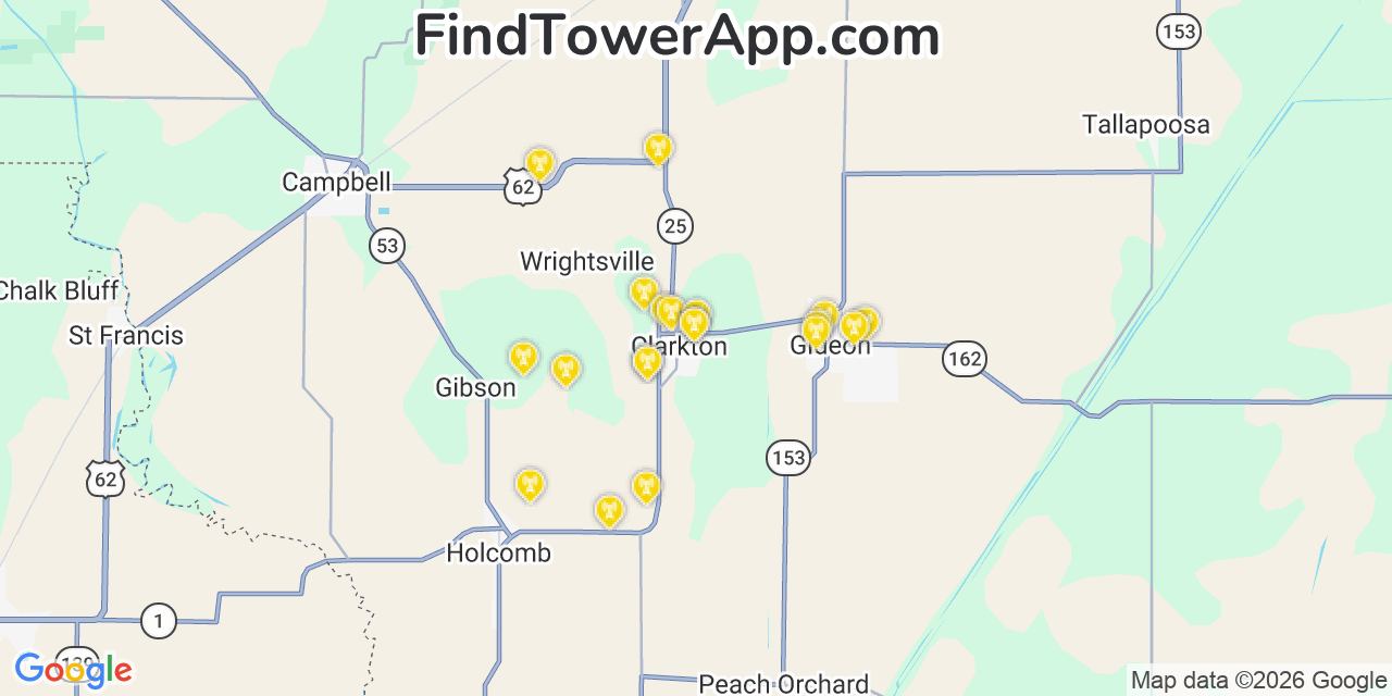 Map showing the 20 primary cell tower locations detected in Clarkton, Missouri from AT&T, Verizon, and T-Mobile networks