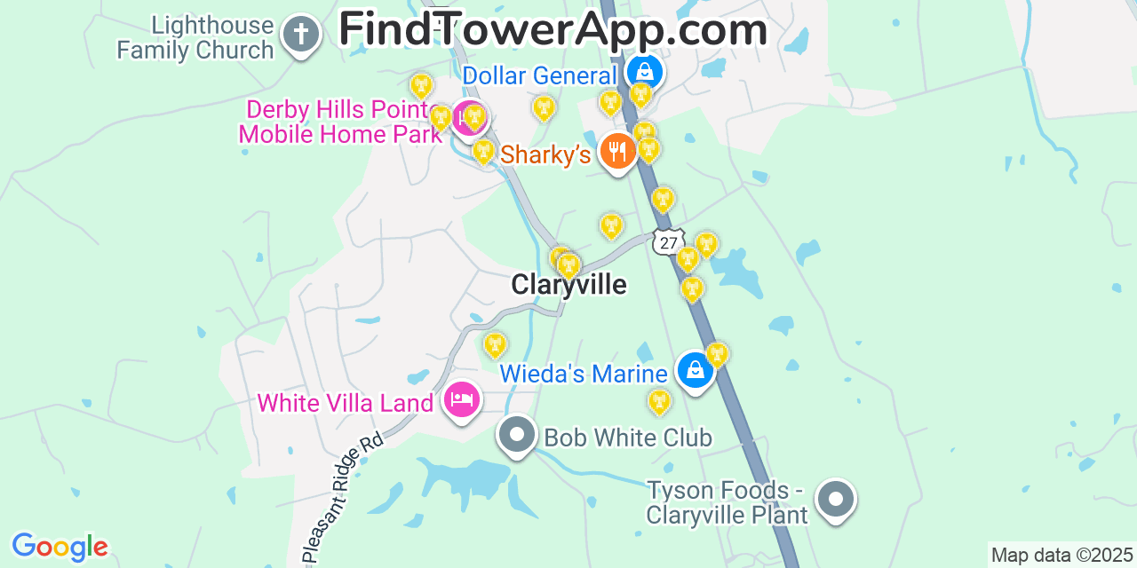 Map showing the 20 primary cell tower locations detected in Claryville, Kentucky from AT&T, Verizon, and T-Mobile networks