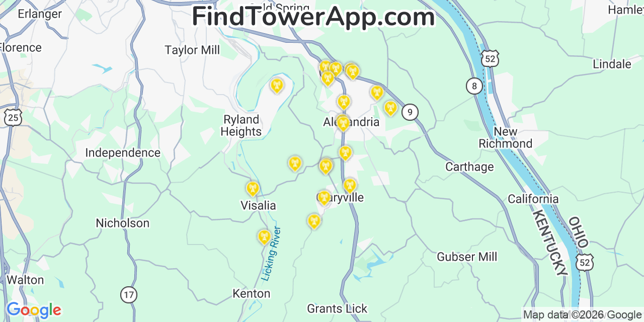 Map showing the 20 primary cell tower locations detected in Claryville, Kentucky from AT&T, Verizon, and T-Mobile networks