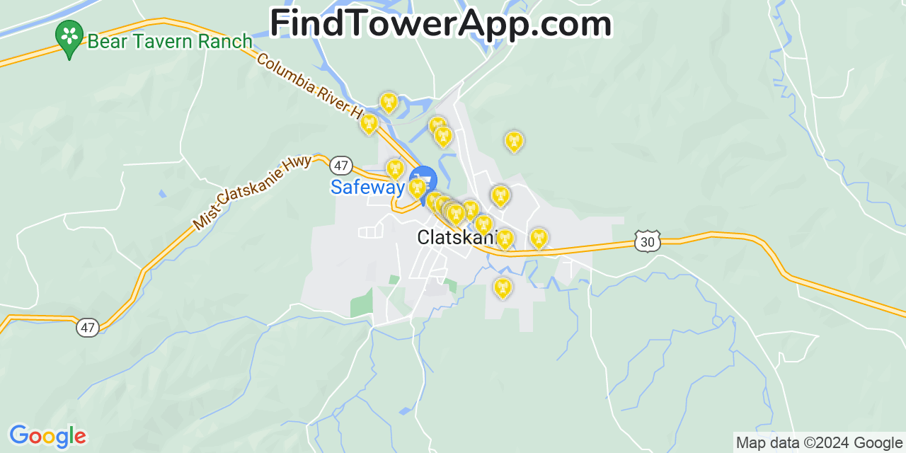 AT&T 4G/5G cell tower coverage map Clatskanie, Oregon