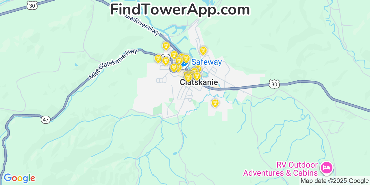 Map showing the 20 primary cell tower locations detected in Clatskanie, Oregon from AT&T, Verizon, and T-Mobile networks