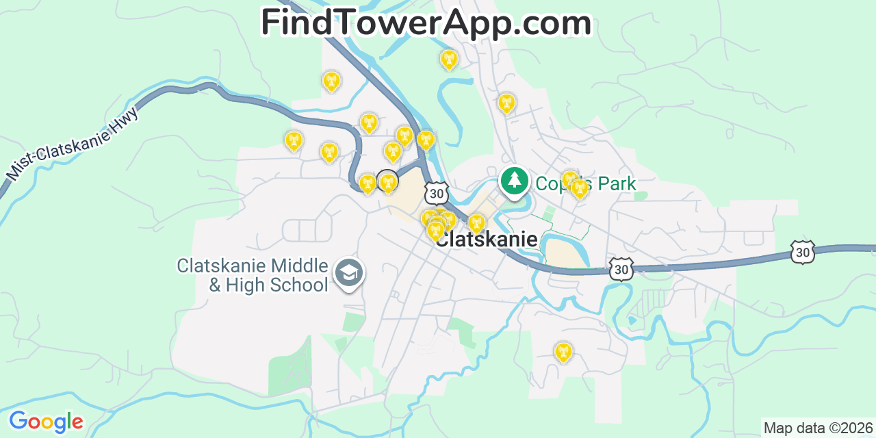 Map showing the 20 primary cell tower locations detected in Clatskanie, Oregon from AT&T, Verizon, and T-Mobile networks