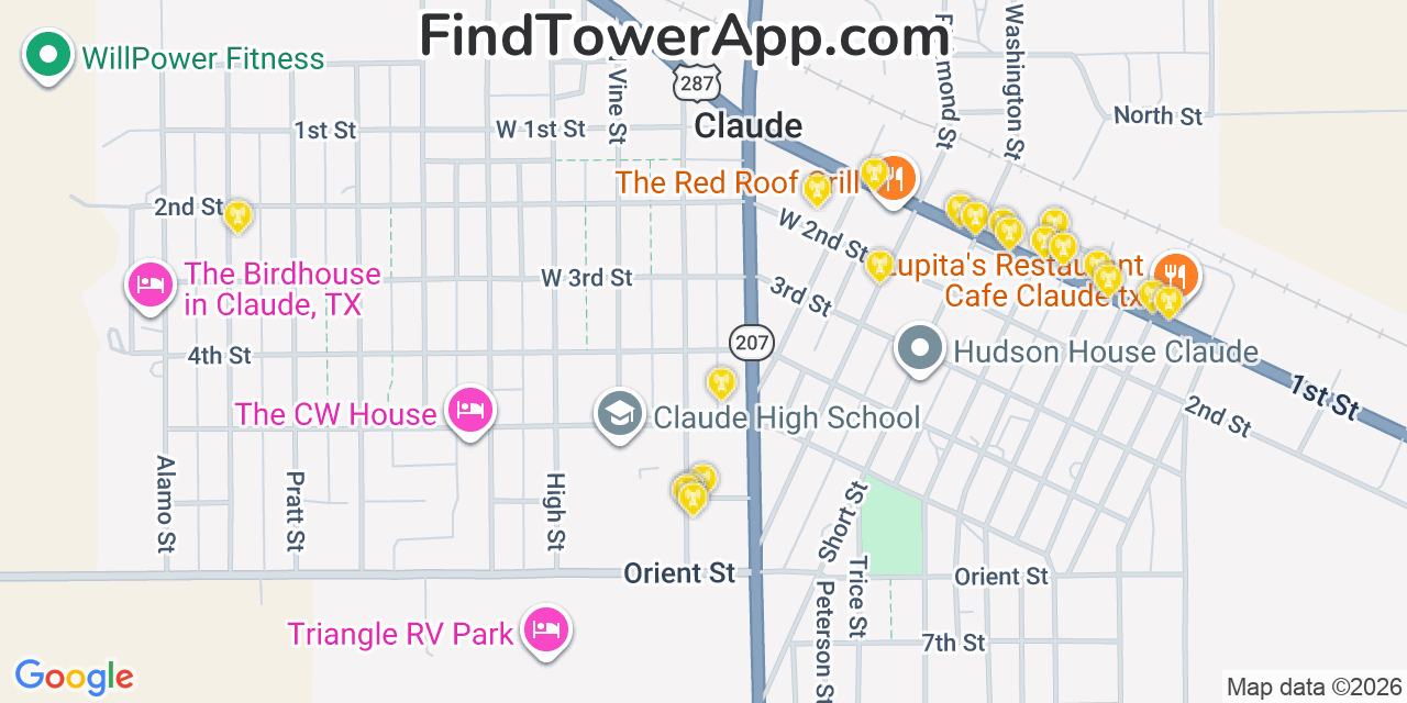 Map showing the 20 primary cell tower locations detected in Claude, Texas from AT&T, Verizon, and T-Mobile networks