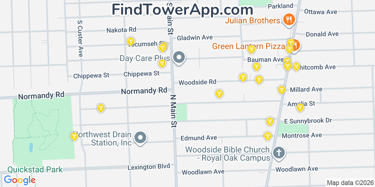 Map showing the 20 primary cell tower locations detected in Clawson, Michigan from AT&T, Verizon, and T-Mobile networks