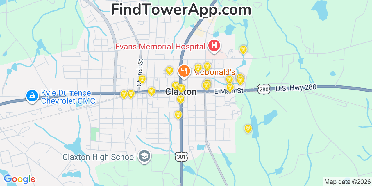 Map showing the 20 primary cell tower locations detected in Claxton, Georgia from AT&T, Verizon, and T-Mobile networks