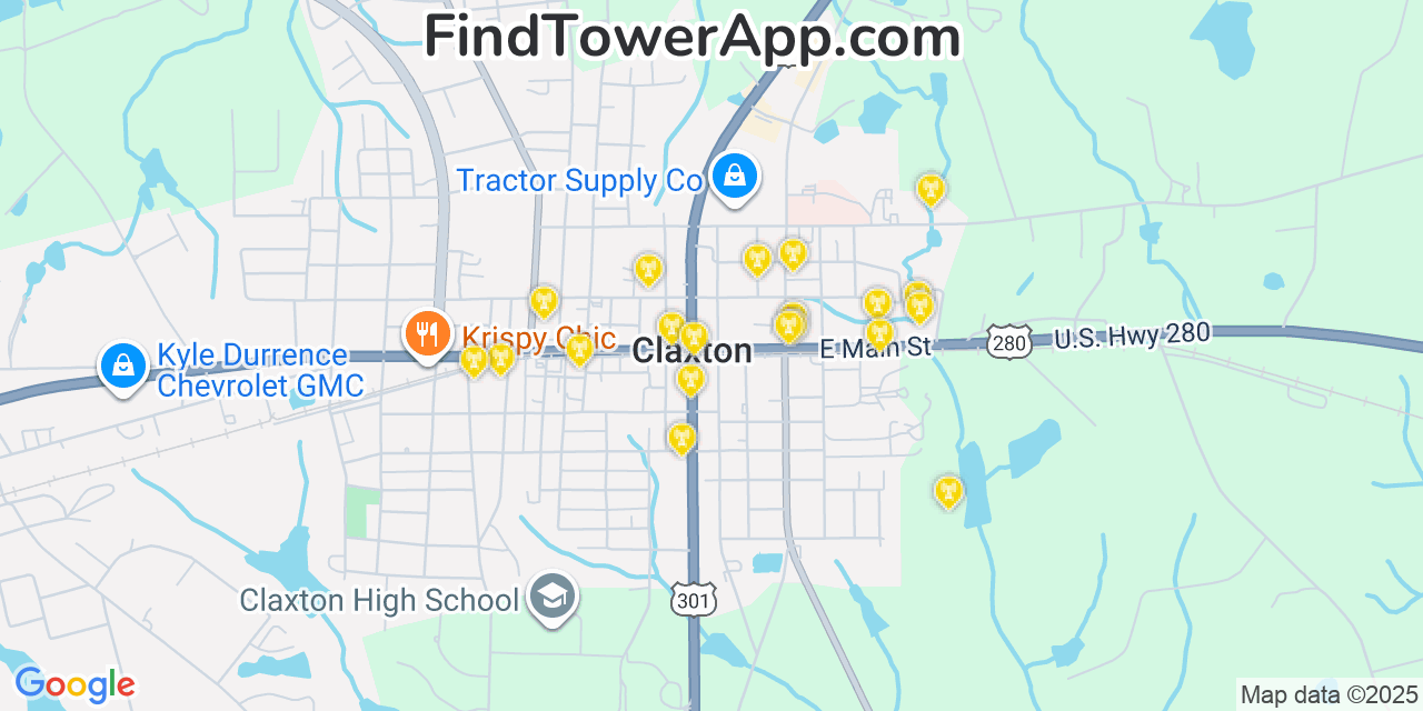 Map showing the 20 primary Mobitel cell tower locations detected in Claxton, Georgia with coverage radius and signal strength indicators