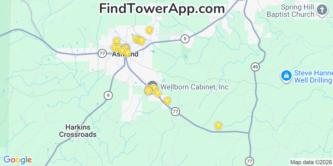 Map showing the 20 primary cell tower locations detected in Clay, Alabama from AT&T, Verizon, and T-Mobile networks