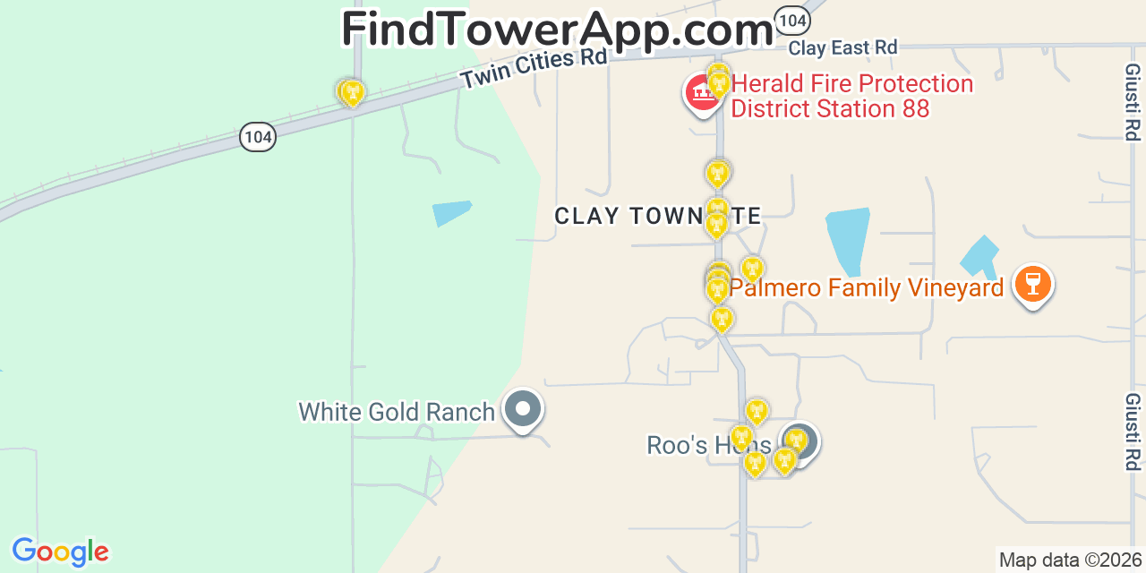 Map showing the 20 primary cell tower locations detected in Clay, California from AT&T, Verizon, and T-Mobile networks