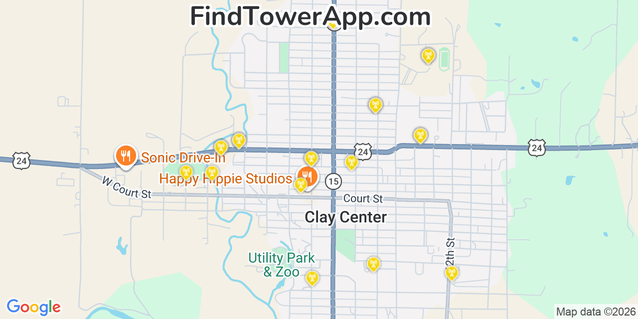 Map showing the 20 primary cell tower locations detected in Clay Center, Kansas from AT&T, Verizon, and T-Mobile networks