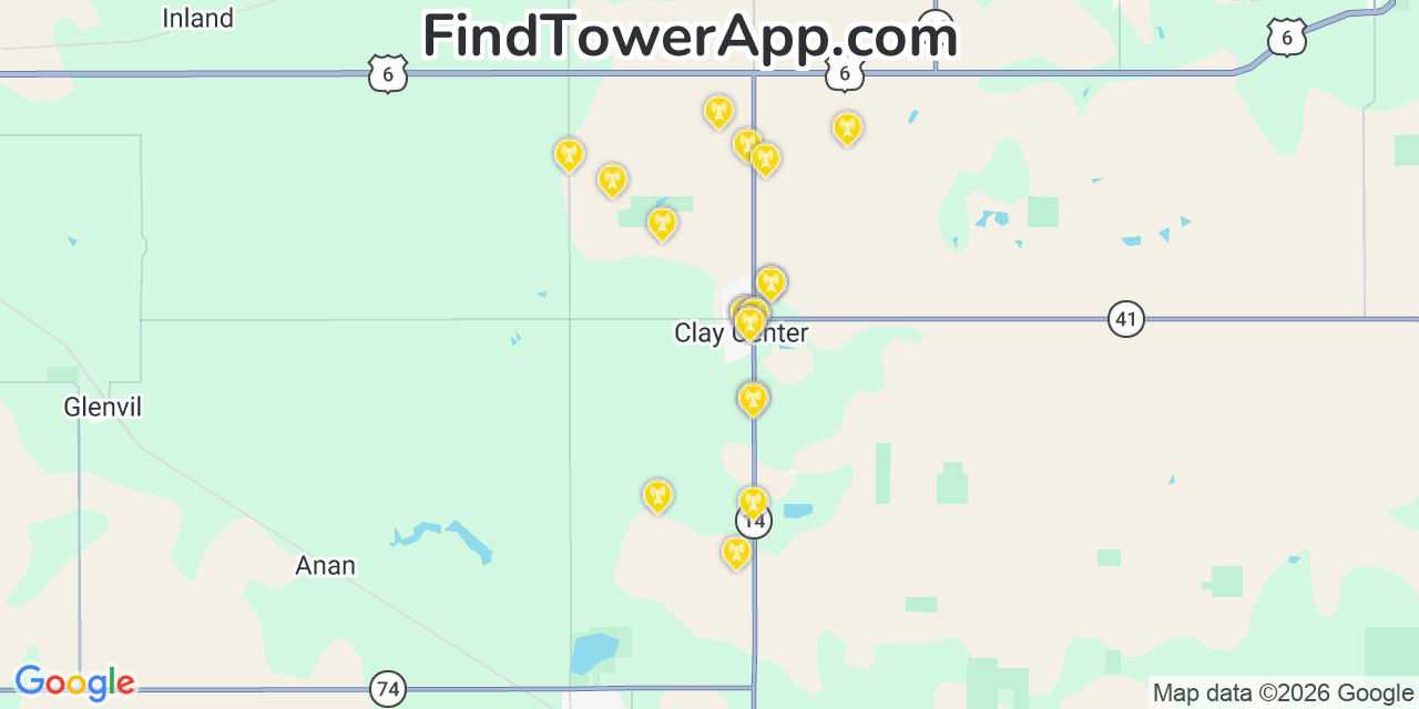 Map showing the 20 primary cell tower locations detected in Clay Center, Nebraska from AT&T, Verizon, and T-Mobile networks