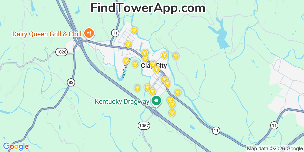 Map showing the 20 primary cell tower locations detected in Clay City, Kentucky from AT&T, Verizon, and T-Mobile networks
