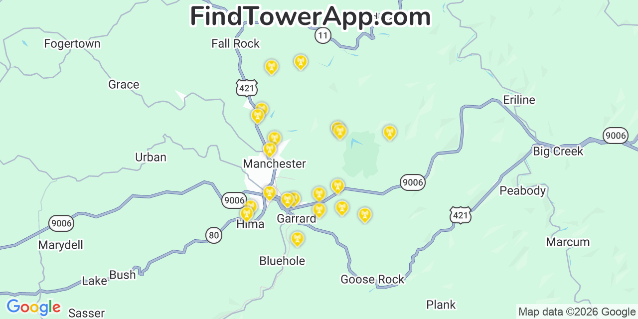 Map showing the 20 primary cell tower locations detected in Clay, Kentucky from AT&T, Verizon, and T-Mobile networks