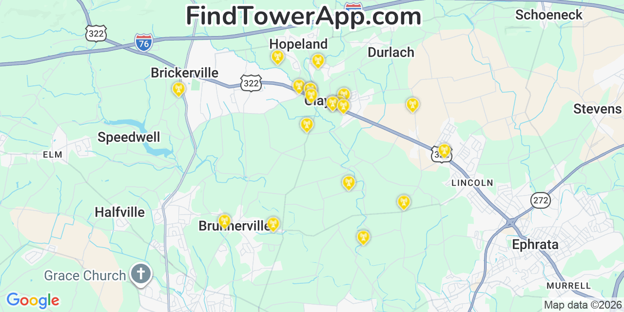 Map showing the 20 primary cell tower locations detected in Clay, Pennsylvania from AT&T, Verizon, and T-Mobile networks