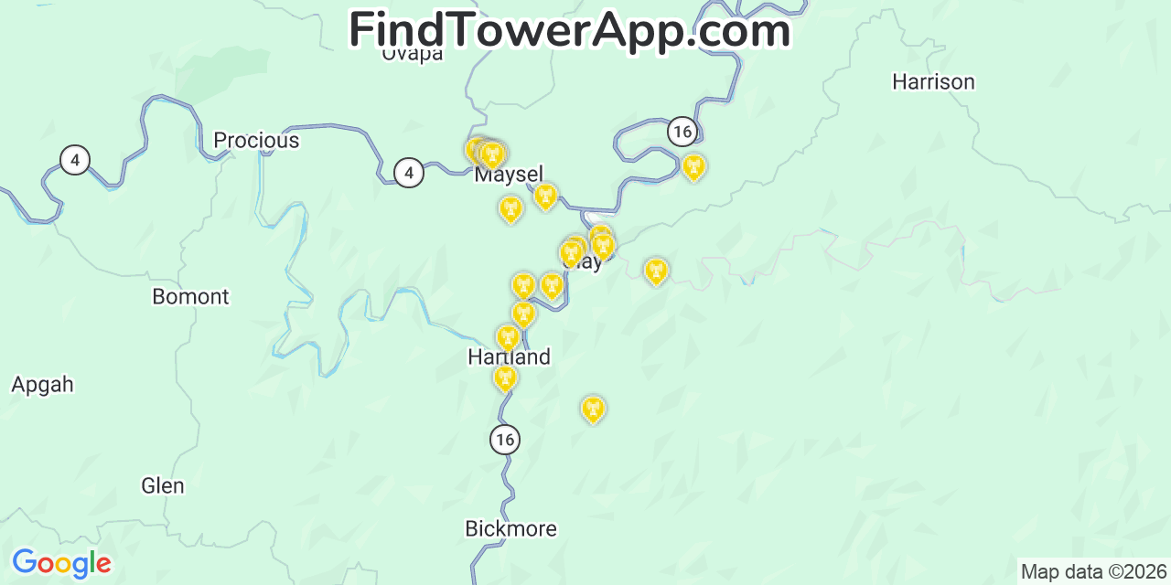 Map showing the 20 primary cell tower locations detected in Clay, West Virginia from AT&T, Verizon, and T-Mobile networks