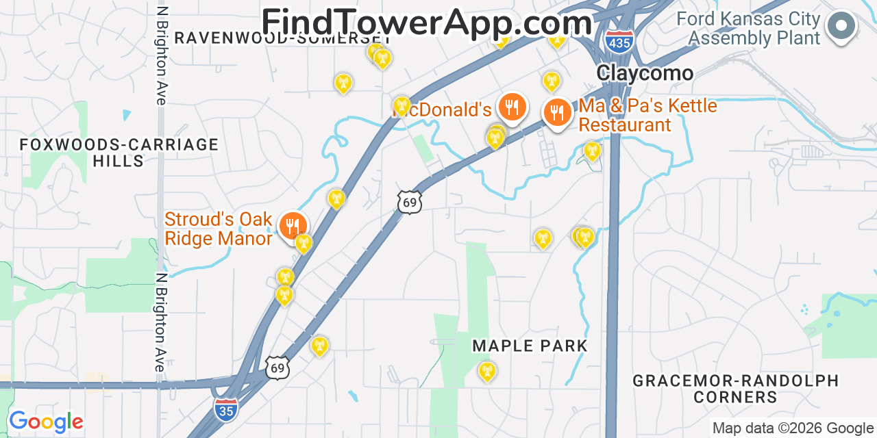 Map showing the 20 primary cell tower locations detected in Claycomo, Missouri from AT&T, Verizon, and T-Mobile networks