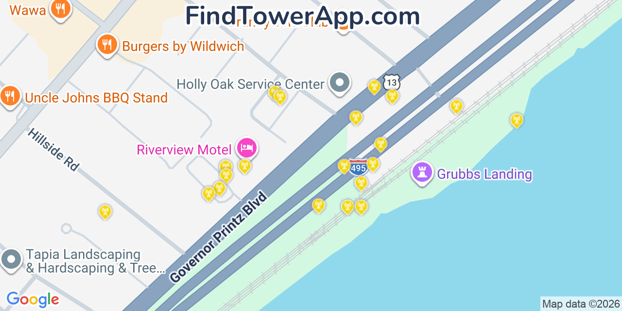 Map showing the 20 primary cell tower locations detected in Claymont, Delaware from AT&T, Verizon, and T-Mobile networks