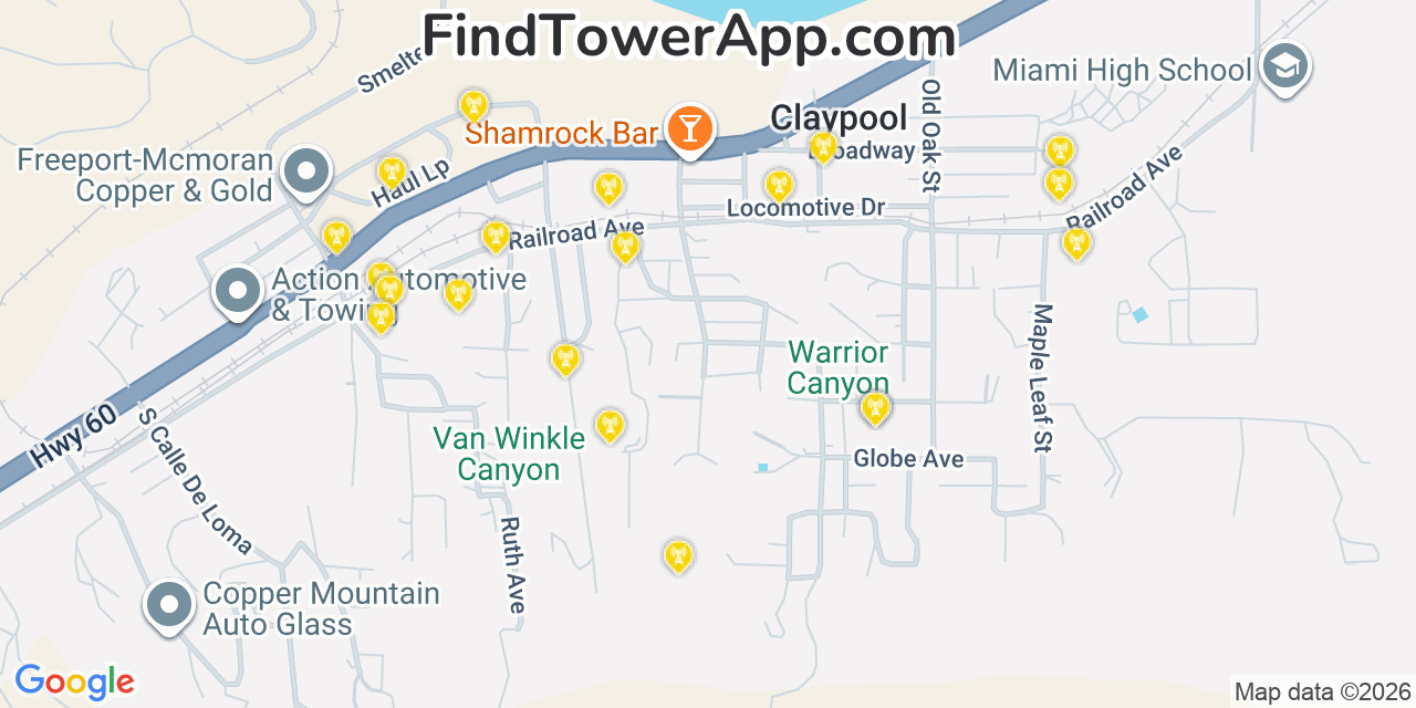 Map showing the 20 primary cell tower locations detected in Claypool, Arizona from AT&T, Verizon, and T-Mobile networks