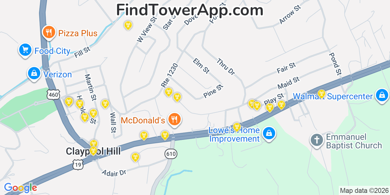 Map showing the 20 primary cell tower locations detected in Claypool Hill, Virginia from AT&T, Verizon, and T-Mobile networks