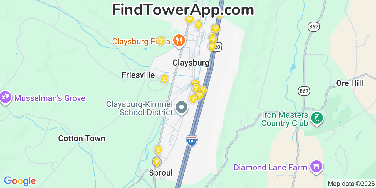 Map showing the 20 primary cell tower locations detected in Claysburg, Pennsylvania from AT&T, Verizon, and T-Mobile networks