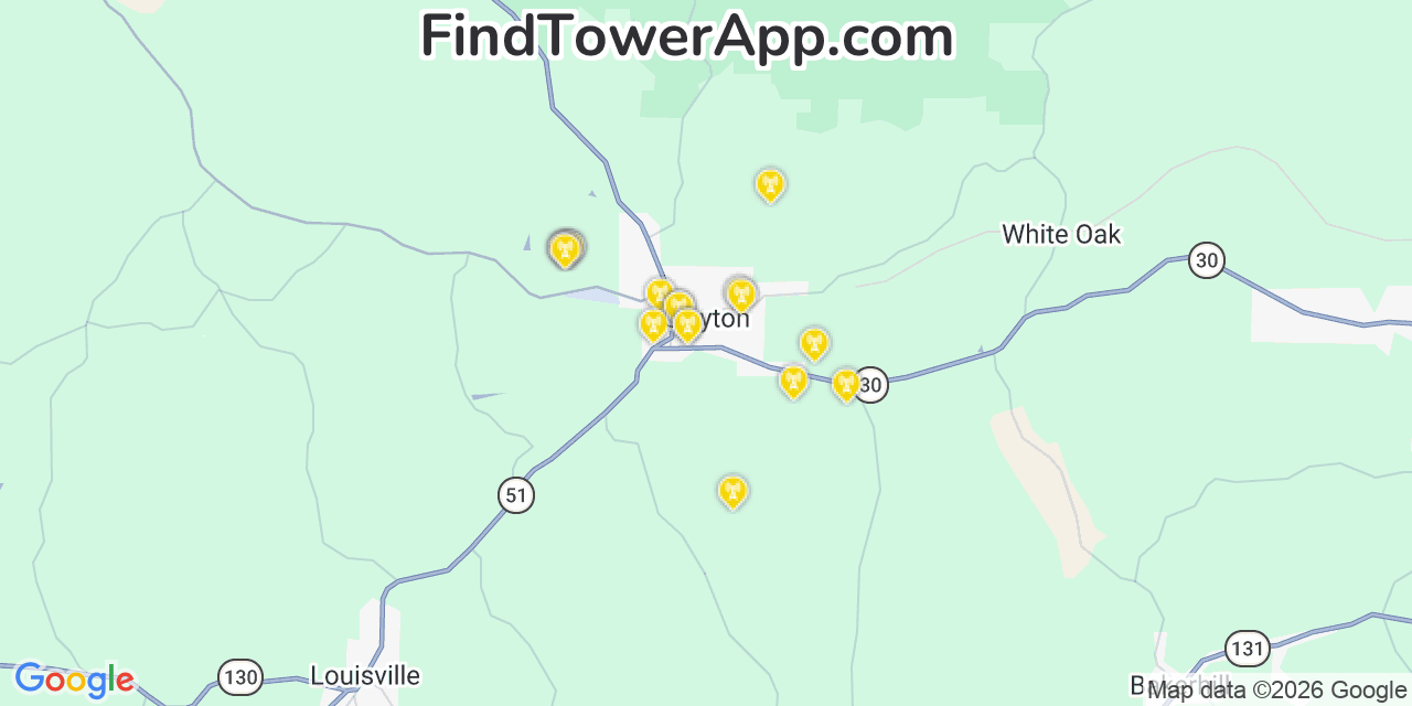Map showing the 20 primary cell tower locations detected in Clayton, Alabama from AT&T, Verizon, and T-Mobile networks