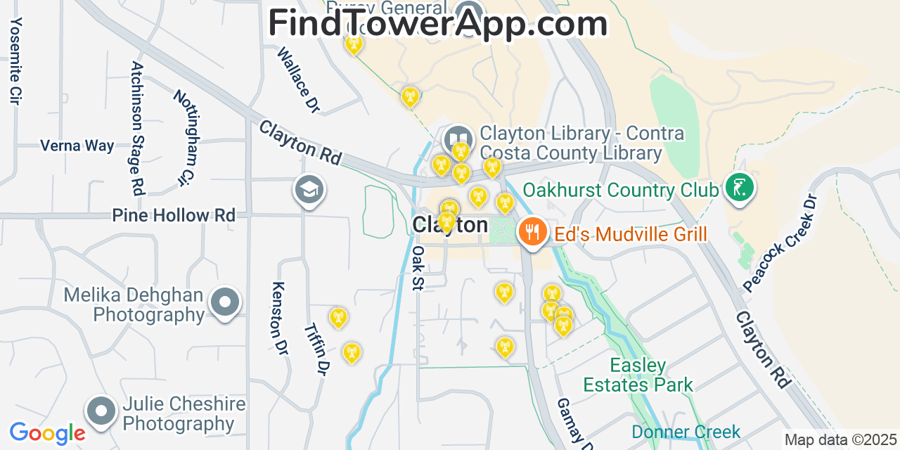 Map showing the 20 primary cell tower locations detected in Clayton, California from AT&T, Verizon, and T-Mobile networks