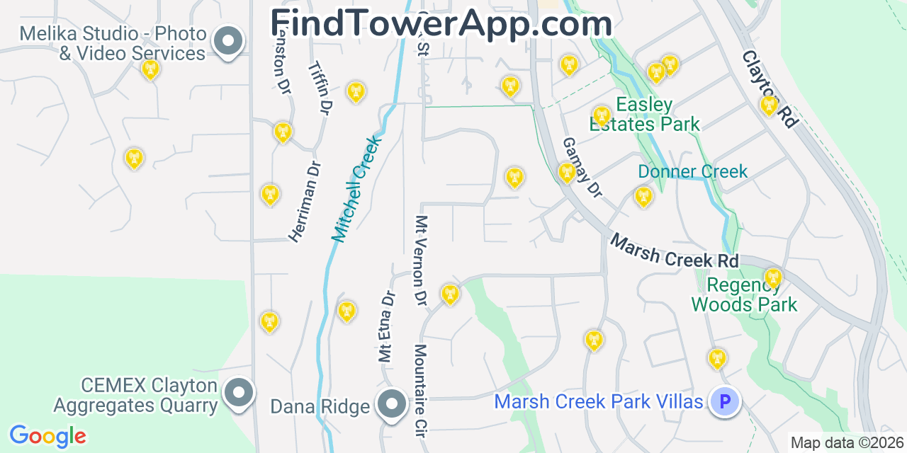 Map showing the 20 primary cell tower locations detected in Clayton, California from AT&T, Verizon, and T-Mobile networks