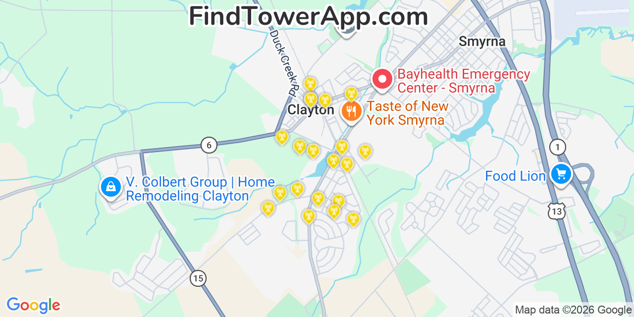 Map showing the 20 primary cell tower locations detected in Clayton, Delaware from AT&T, Verizon, and T-Mobile networks
