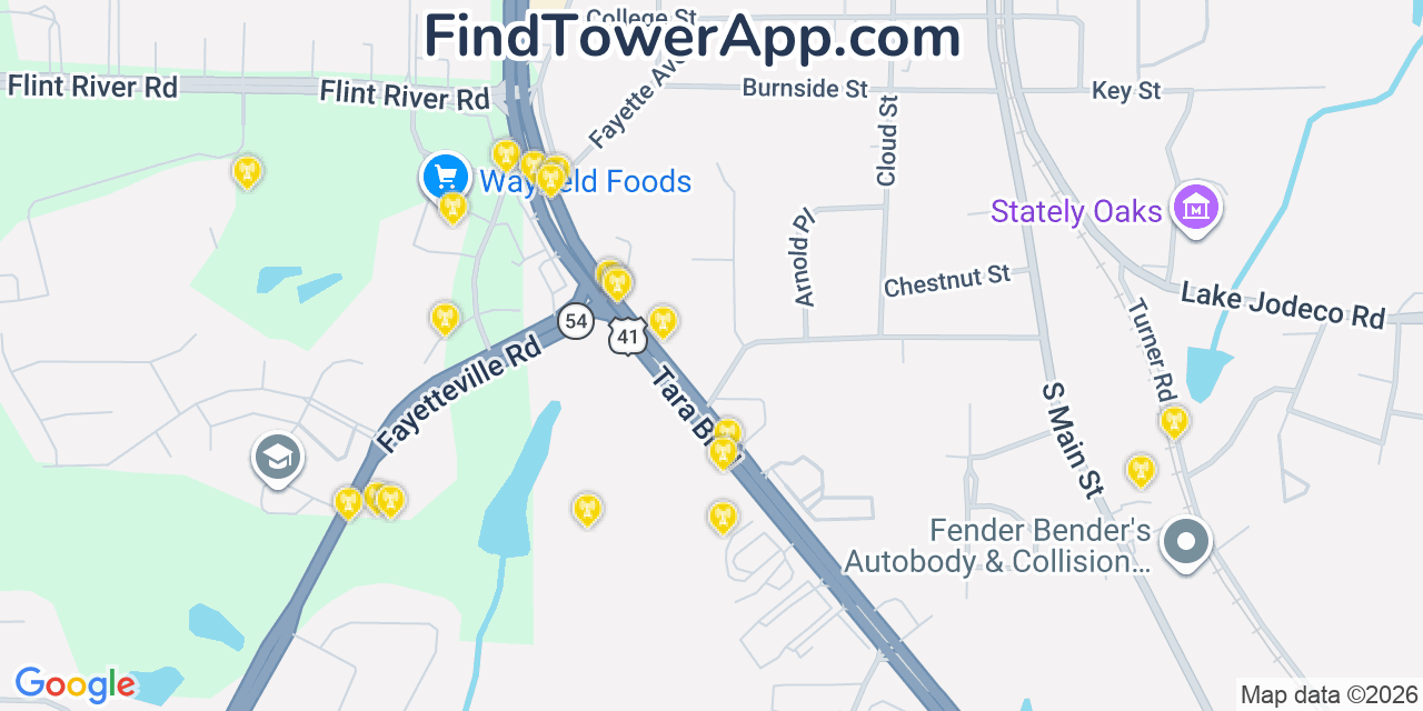 Map showing the 20 primary cell tower locations detected in Clayton, Georgia from AT&T, Verizon, and T-Mobile networks