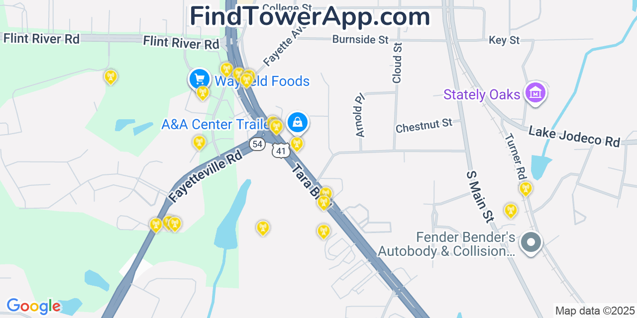 Map showing the 20 primary Mobitel cell tower locations detected in Clayton, Georgia with coverage radius and signal strength indicators