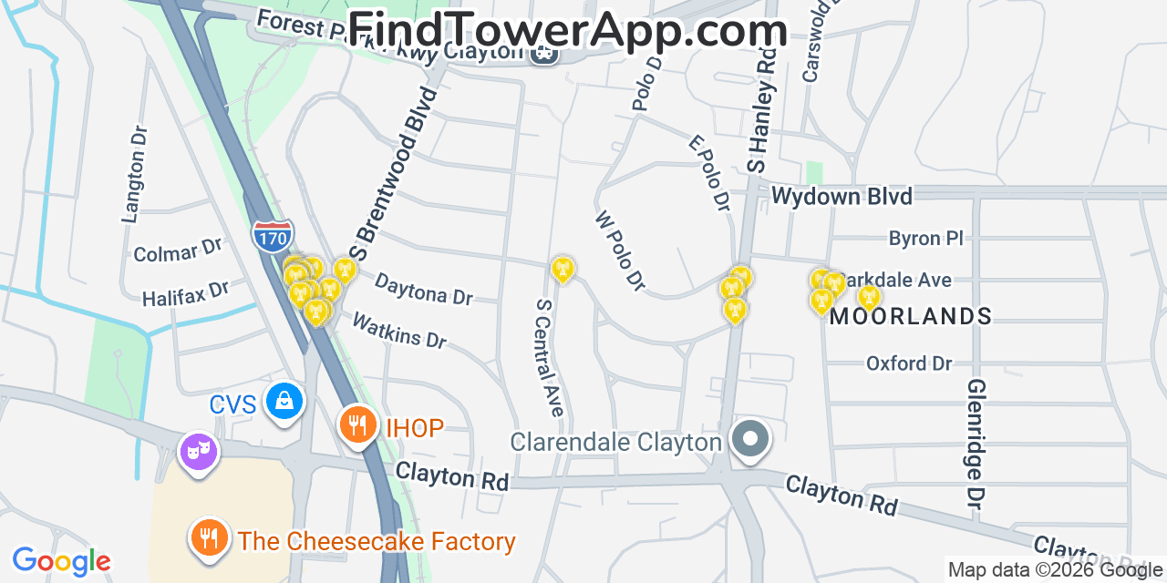 Map showing the 20 primary cell tower locations detected in Clayton, Missouri from AT&T, Verizon, and T-Mobile networks