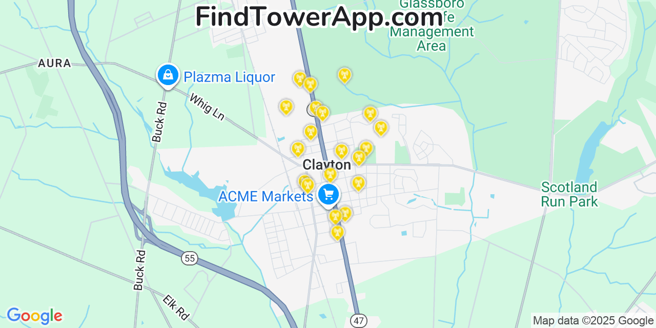 Map showing the 20 primary cell tower locations detected in Clayton, New Jersey from AT&T, Verizon, and T-Mobile networks