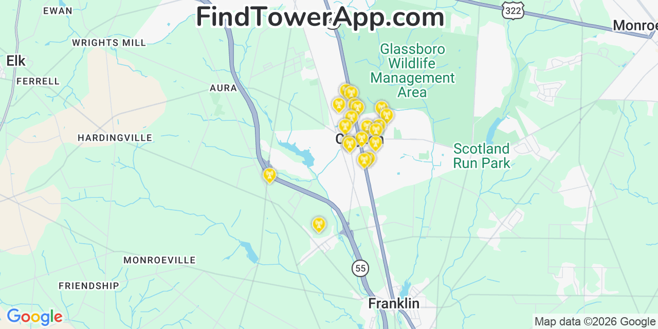 Map showing the 20 primary cell tower locations detected in Clayton, New Jersey from AT&T, Verizon, and T-Mobile networks