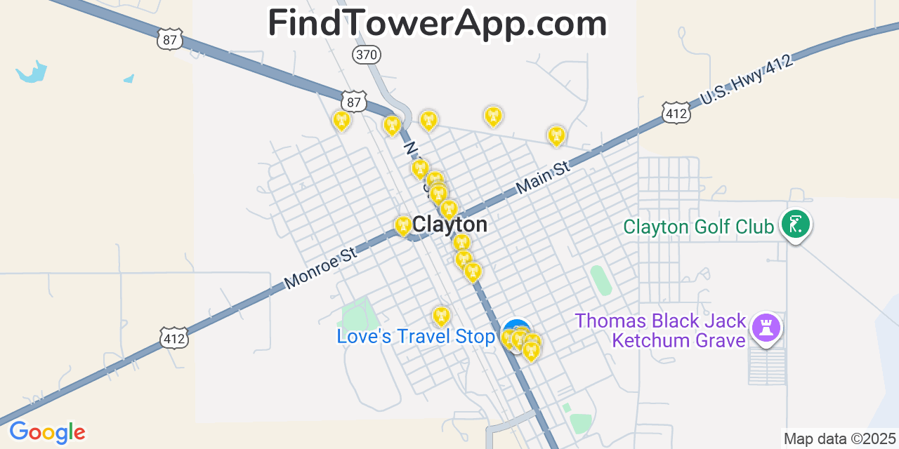 Map showing the 20 primary cell tower locations detected in Clayton, New Mexico from AT&T, Verizon, and T-Mobile networks
