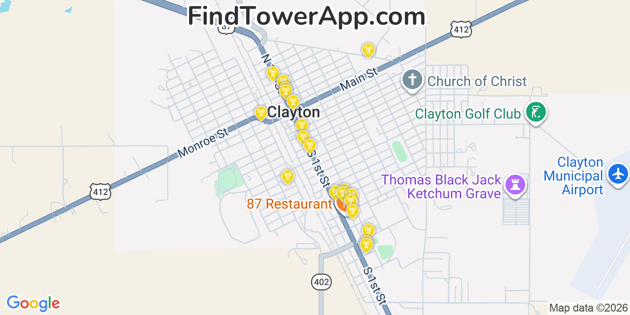 Map showing the 20 primary cell tower locations detected in Clayton, New Mexico from AT&T, Verizon, and T-Mobile networks