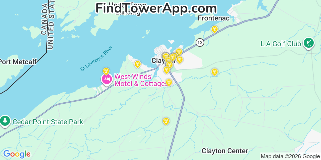 Map showing the 20 primary cell tower locations detected in Clayton, New York from AT&T, Verizon, and T-Mobile networks