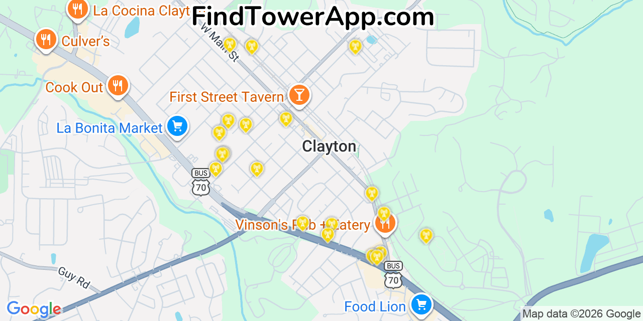 Map showing the 20 primary cell tower locations detected in Clayton, North Carolina from AT&T, Verizon, and T-Mobile networks