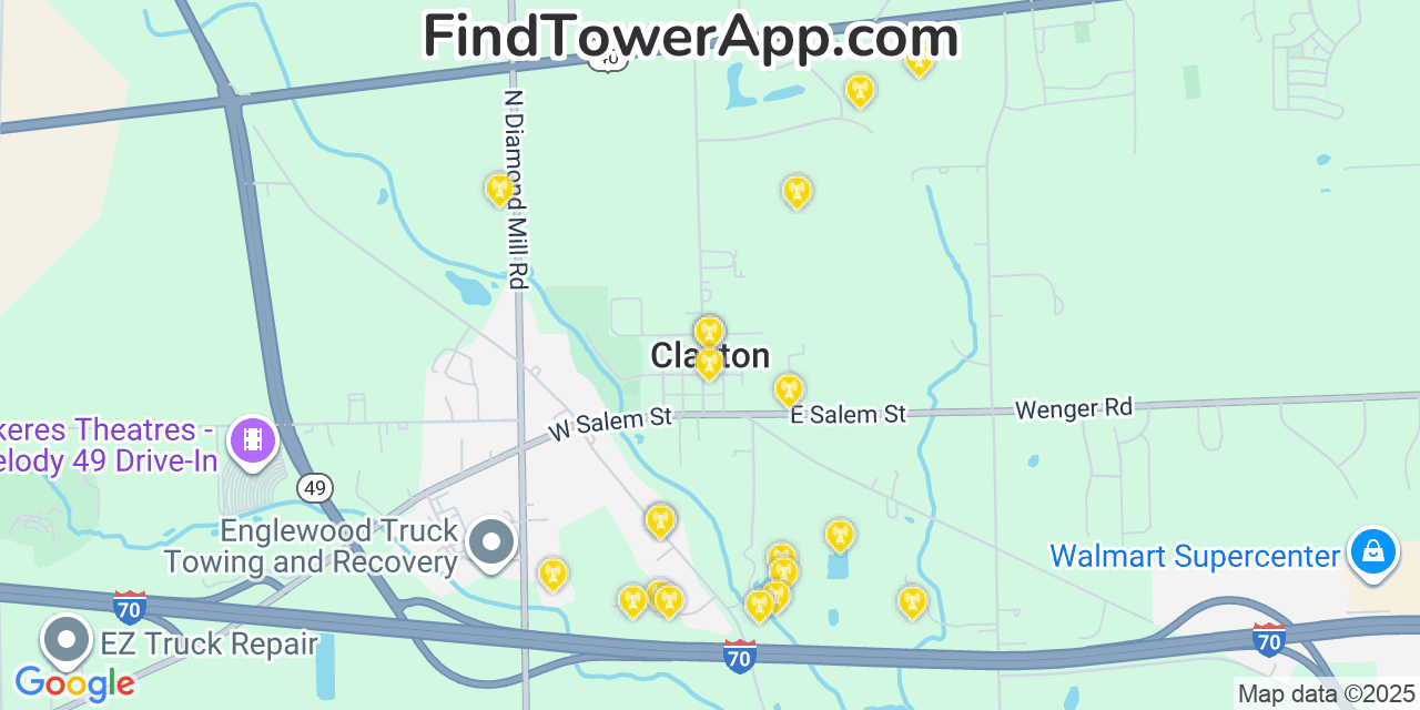 Map showing the 20 primary cell tower locations detected in Clayton, Ohio from AT&T, Verizon, and T-Mobile networks
