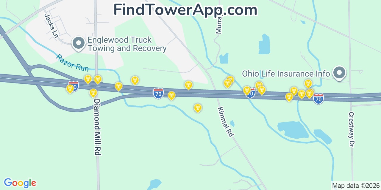 Map showing the 20 primary cell tower locations detected in Clayton, Ohio from AT&T, Verizon, and T-Mobile networks