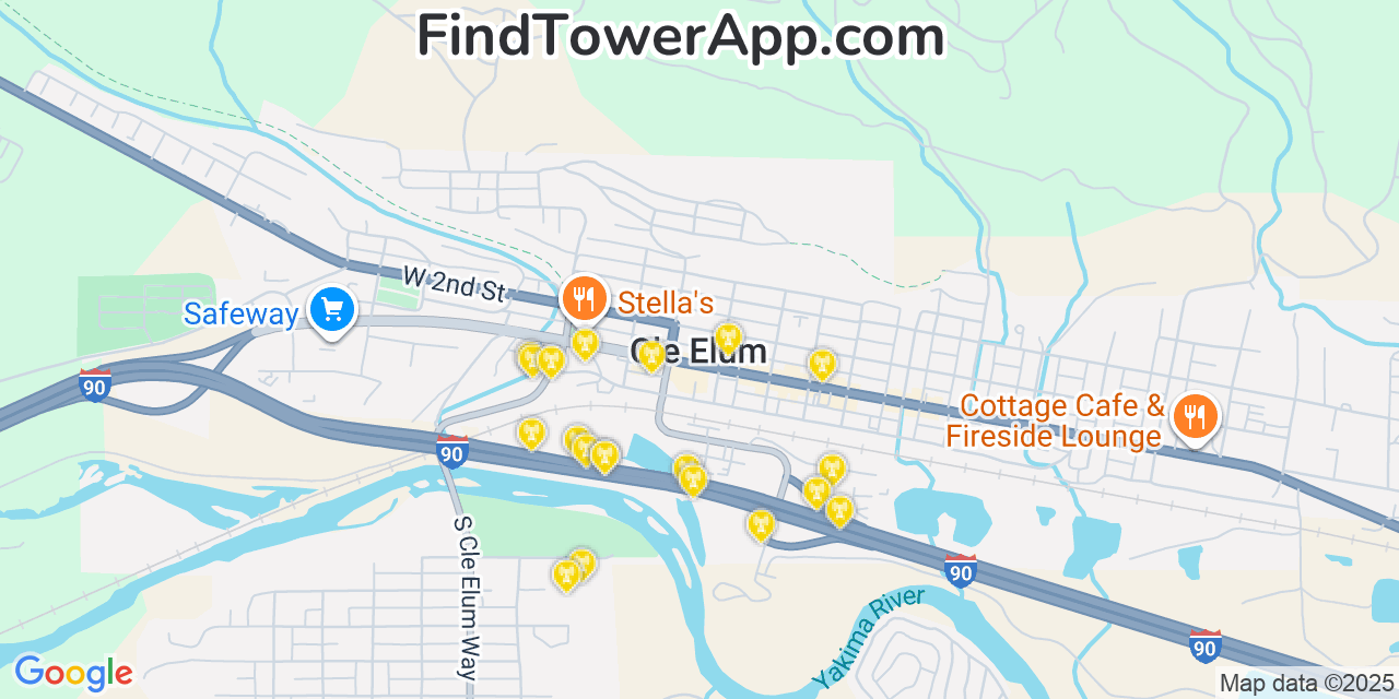 Map showing the 20 primary cell tower locations detected in Cle Elum, Washington from AT&T, Verizon, and T-Mobile networks