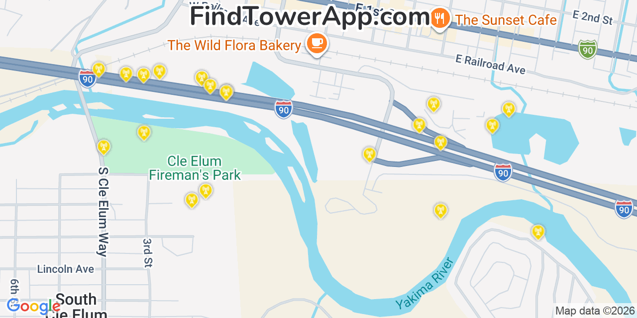 Map showing the 20 primary cell tower locations detected in Cle Elum, Washington from AT&T, Verizon, and T-Mobile networks