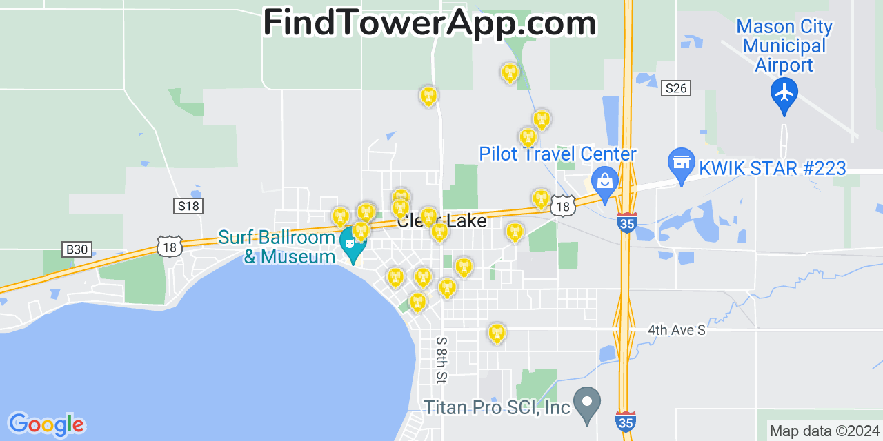 AT&T 4G/5G cell tower coverage map Clear Lake, Iowa