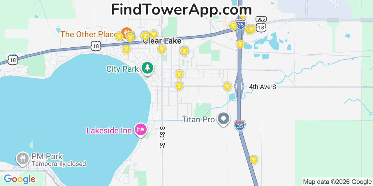 Map showing the 20 primary cell tower locations detected in Clear Lake, Iowa from AT&T, Verizon, and T-Mobile networks