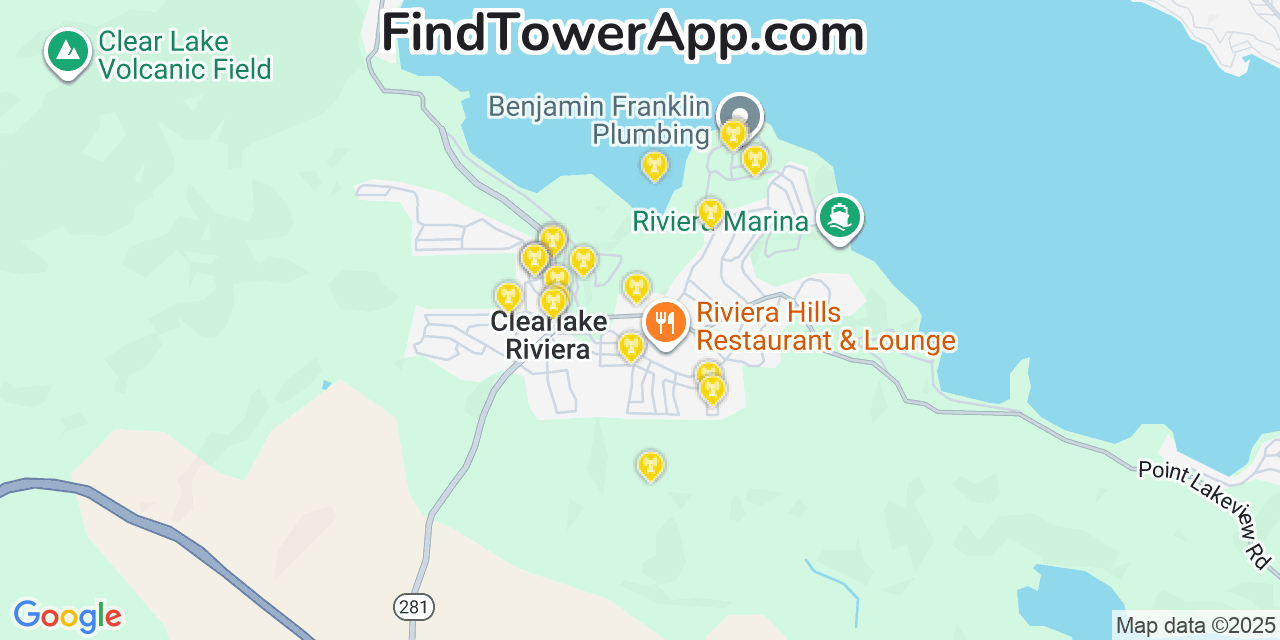 Map showing the 20 primary cell tower locations detected in Clear Lake Riviera, California from AT&T, Verizon, and T-Mobile networks