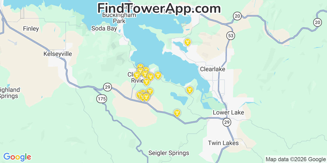 Map showing the 20 primary cell tower locations detected in Clear Lake Riviera, California from AT&T, Verizon, and T-Mobile networks